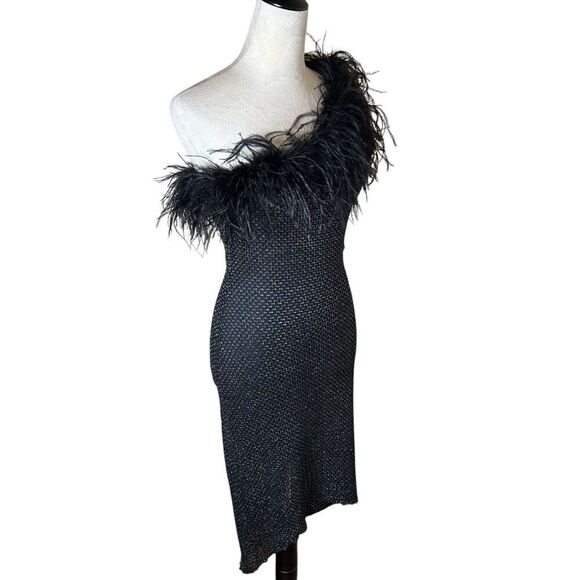 Y2K Feather Trim One Shoulder Dress Black Mesh Sparkle Party Retro Glam Small - Picture 2 of 8